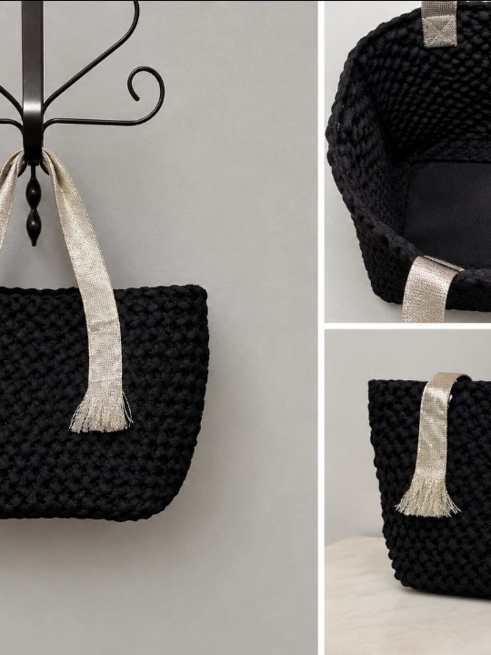 Ahdorned New York Black Woven Neoprene Tote Bag – White Handles – 12" x 8